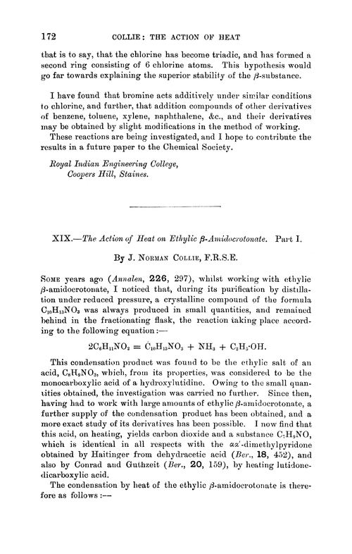 XIX.—The action of heat on ethylic β-amidocrotonate. Part I