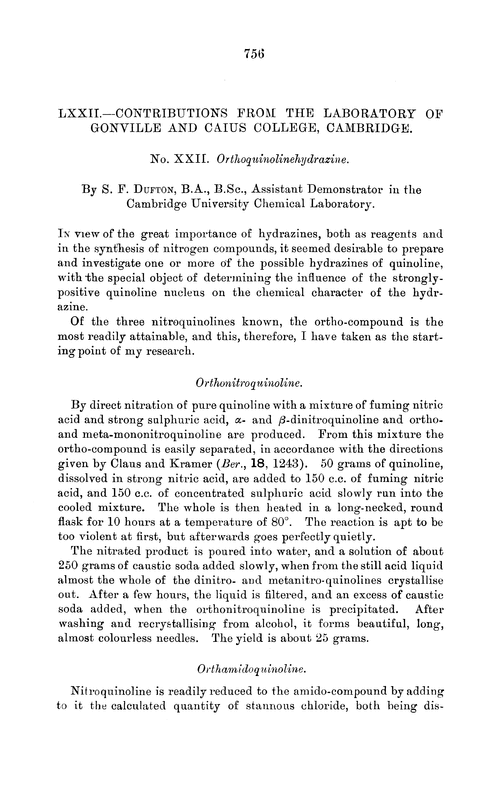 LXXII.—Contributions from the Laboratory of Gonville and Caius College, Cambridge. No. XXII. Orthoquinolinehydrazine