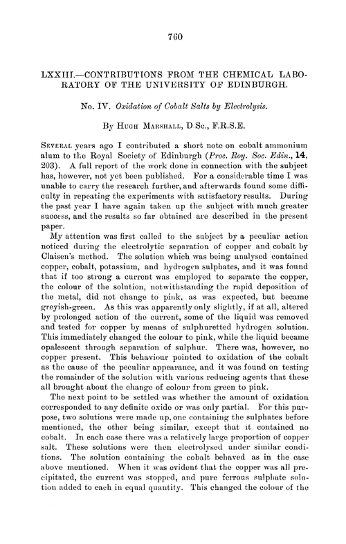 LXXIII.—Contributions from the Chemical Laboratory of the University of Edinburgh. No. IV. Oxidation of cobalt salts by electrolysis