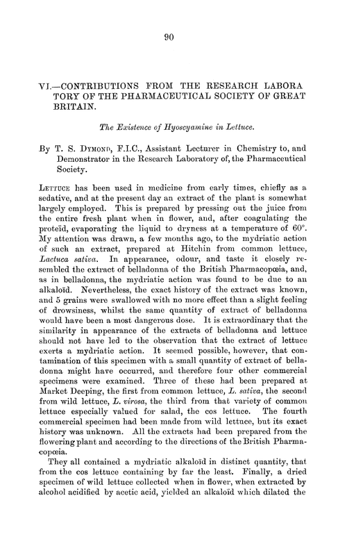 VI.—Contributions from the Research Laboratory of the Pharmaceutical Society of Great Britain. The existence of hyoscyamine in lettuce