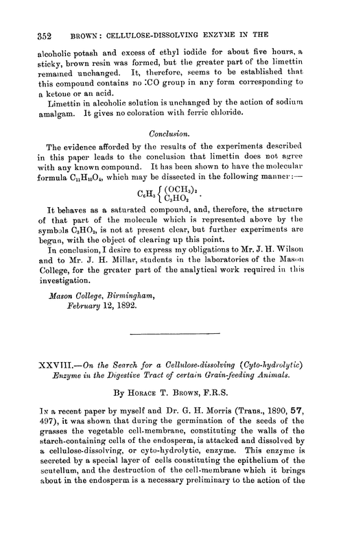 XXVIII.—On the search for a cellulose-dissolving (cyto-hydrolytic) enzyme in the digestive tract of certain grain-feeding animals