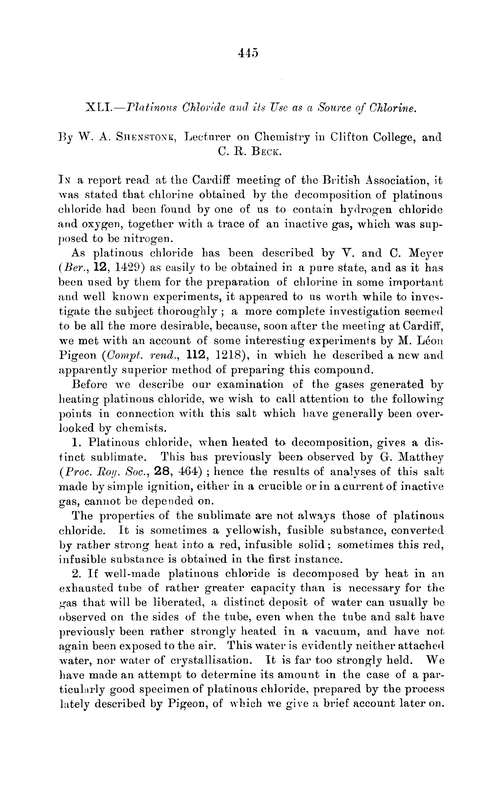 XLI.—Platinous chloride and its use as a source of chlorine