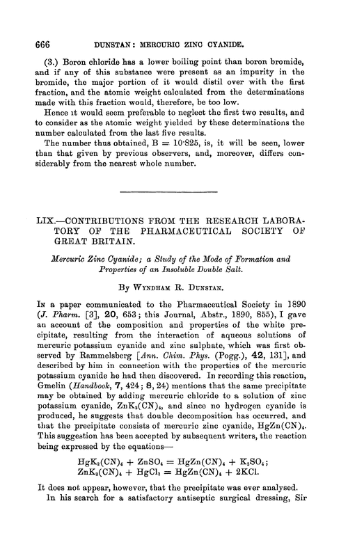 LIX.—Contributions from the Research Laboratory of the Pharmaceutical Society of Great Britain. Mercuric zinc cyanide; a study of the mode of formation and properties of an insoluble double salt