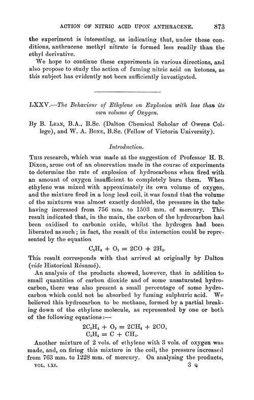 LXXV.—The behaviour of ethylene on explosion with less than its own volume of oxygen