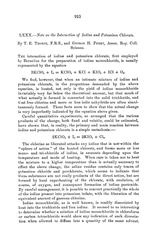 LXXX.—Note on the interaction of iodine and potassium chlorate