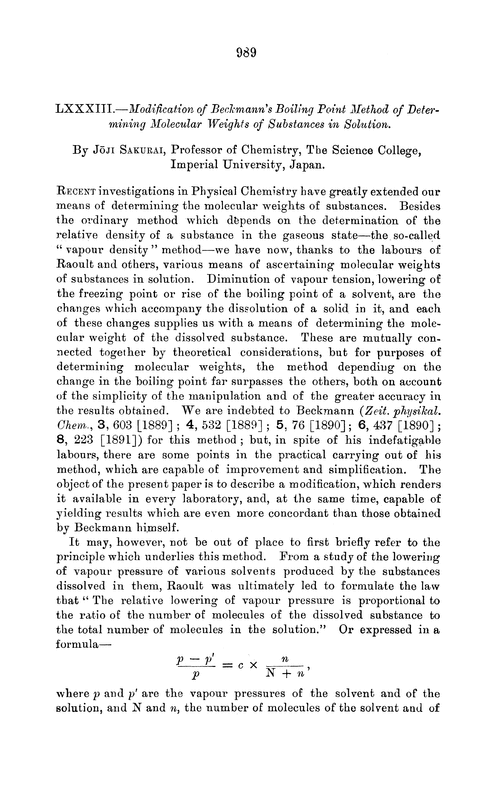 LXXXIII.—Modification of Beckmann's boiling point method of determining molecular weights of substances in solution