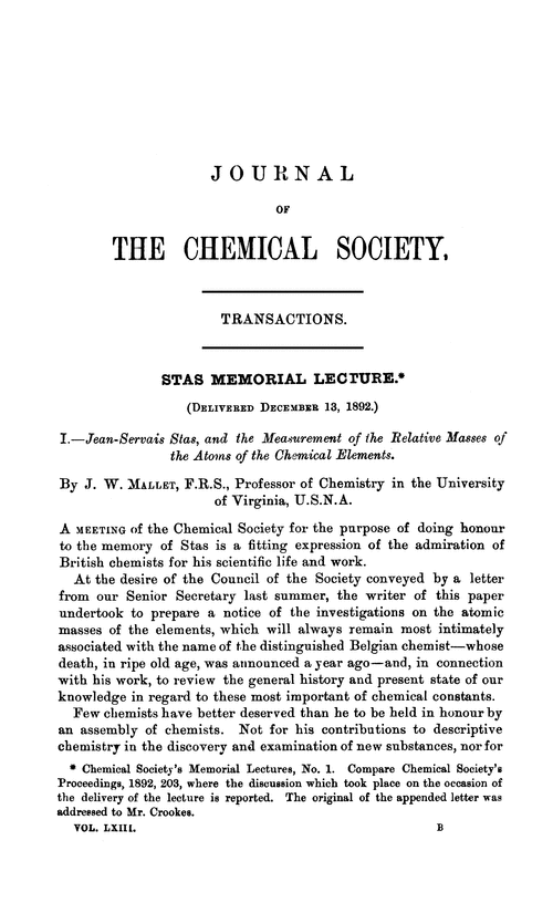 Stas memorial lecture. I.—Jean-Servais Stas, and the measurement of the relative masses of the atoms of the chemical elements