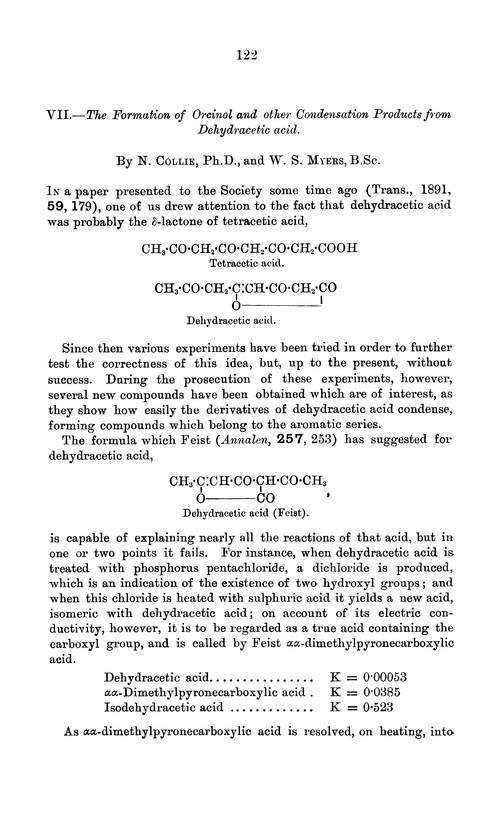 Vii The Formation Of Orcinol And Other Condensation Products From Dehydracetic Acid Journal Of The Chemical Society Transactions Rsc Publishing