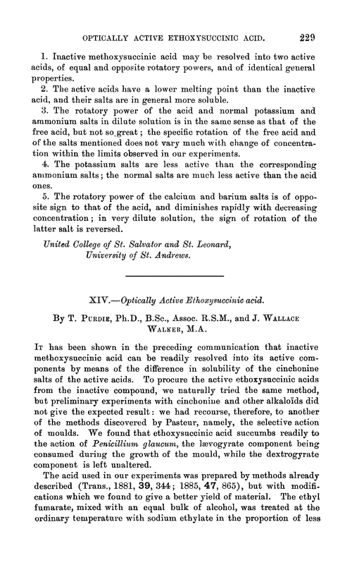 XIV.—Optically active ethoxysuccinic acid