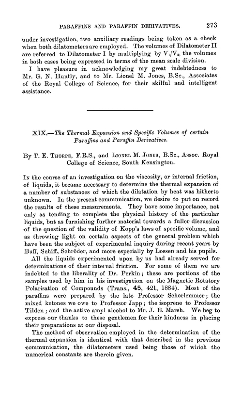 XIX.—The thermal expansion and specific volumes of certain paraffins and paraffin derivatives