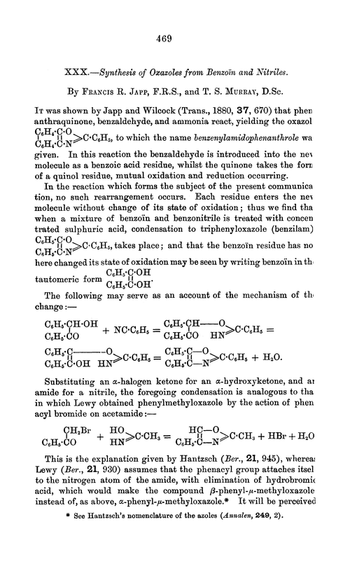 XXX.—Synthesis of oxazoles from benzoïn and nitriles