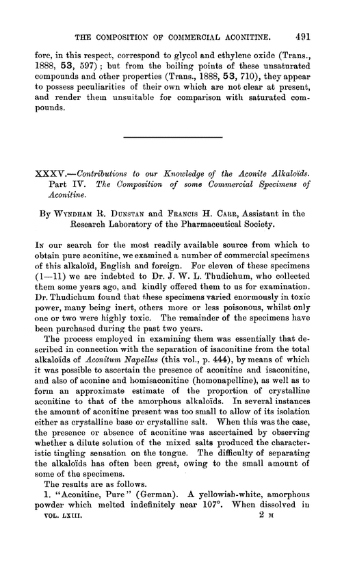 XXXV.—Contributions to our knowledge of the aconite alkaloïds. Part IV. The composition of some commercial specimens of aconitine