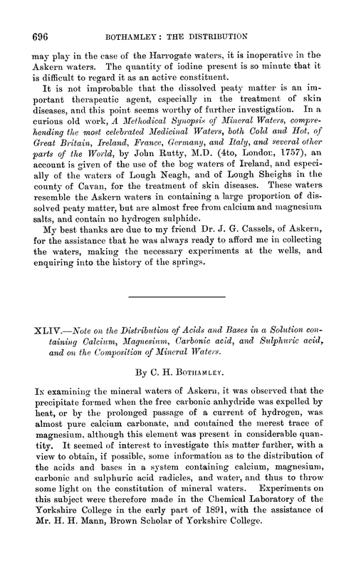 XLIV.—Note on the distribution of acids and bases in a solution containing calcium, magnesium, carbonic acid, and sulphuric acid, and on the composition of mineral waters