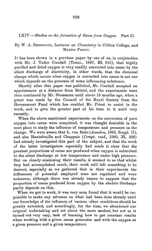 LXIV.—Studies on the formation of ozone from oxygen. Part II