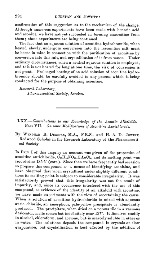 LXX.—Contributions to our knowledge of the aconite alkaloïds. Part VII. On some modifications of aconitine aurichloride