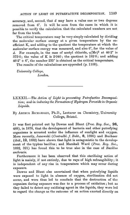 LXXXII.—The action of light in preventing putrefactive decomposition; and in inducing the formation of hydrogen peroxide in organic liquids
