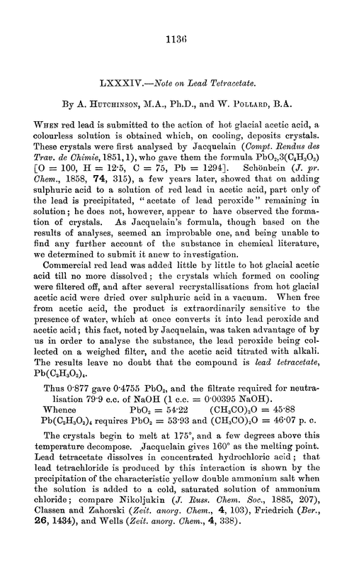 LXXXIV.—Note on lead tetracetate