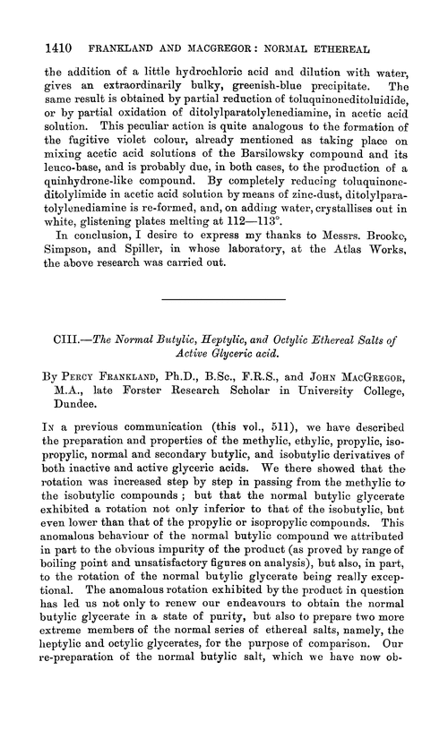 CIII.—The normal butylic, heptylic, and octylic ethereal salts of active glyceric acid