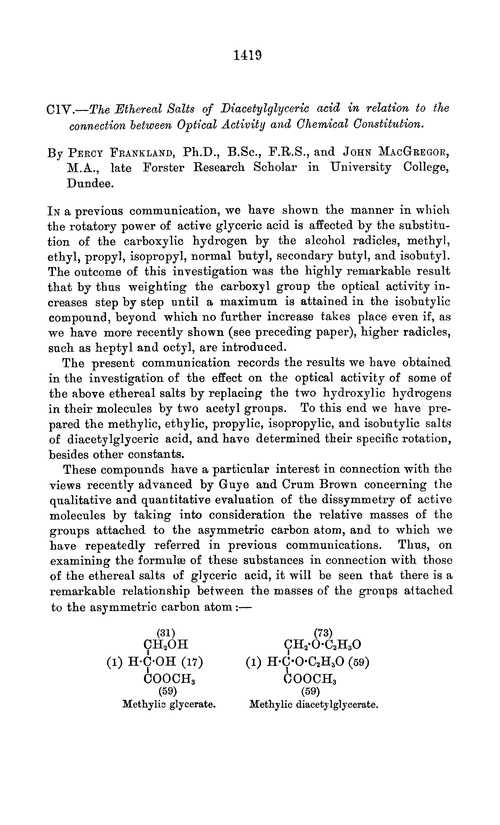 CIV.—The ethereal salts of diacetylglyceric acid in relation to the connection between optical activity and chemical constitution