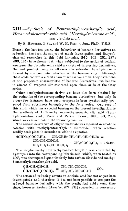 XIII.—Synthesis of pentamethylenecarboxylic acid, hexamethylenecarboxylic acid (hexahydrobenzoic acid), and azelaïc acid