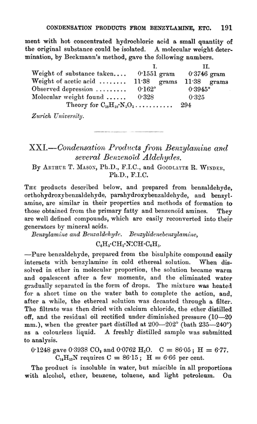 XXI.—Condensation products from benzylamine and several benzenoïd aldehydes