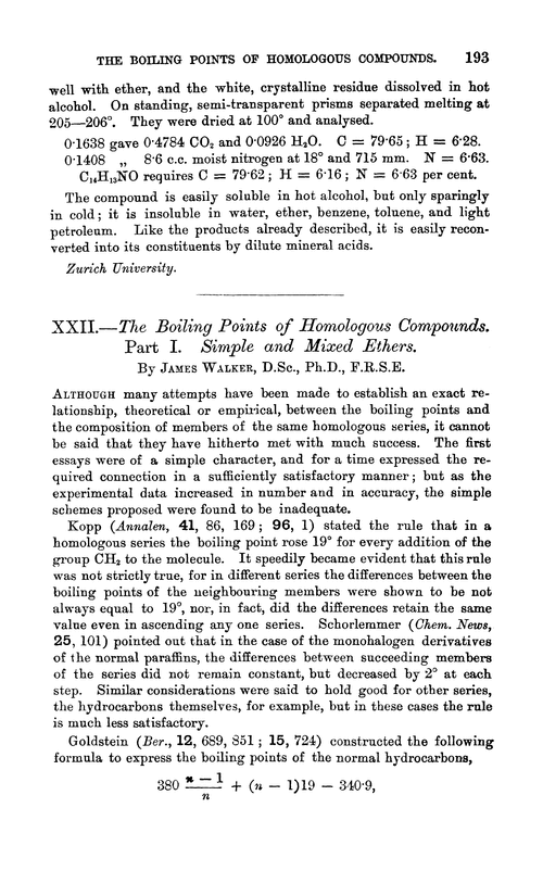 XXII.—The boiling points of homologous compounds. Part I. Simple and mixed ethers