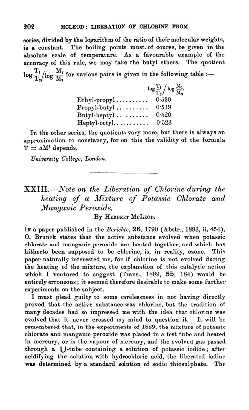 XXIII.—Note on the liberation of chlorine during the heating of a mixture of potassic chlorate and manganic peroxide