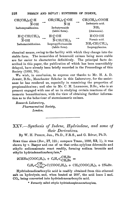 XXV.—Synthesis of indene, hydrindene, and some of their derivatives