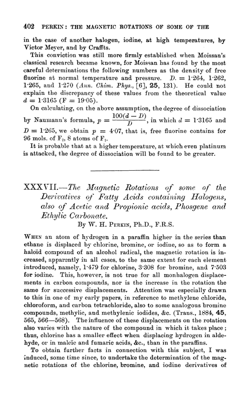 XXXVII.—The magnetic rotations of some of the derivatives of fatty acids containing halogens, also of acetic and propionic acids, phosgene and ethylic carbonate