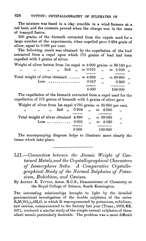 LII.—Connection between the atomic weight of contained metals, and the crystallographical characters of isomorphous salts. A comparative crystallographical study of the normal sulphates of potassium, rubidium, and cæsium