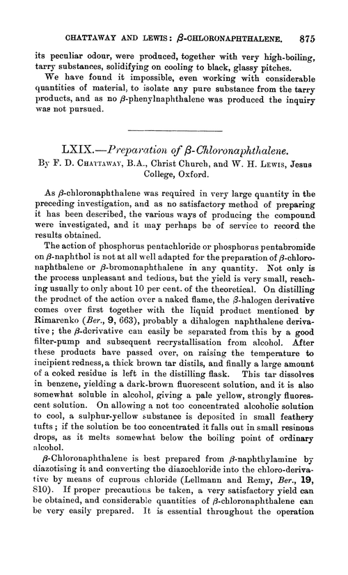 LXIX.—Preparation of β-chloronaphthalene
