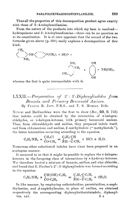 LXXII.—Preparation of 2′ : 3′-diphenylindoles from benzoïn and primary benzenoid amines