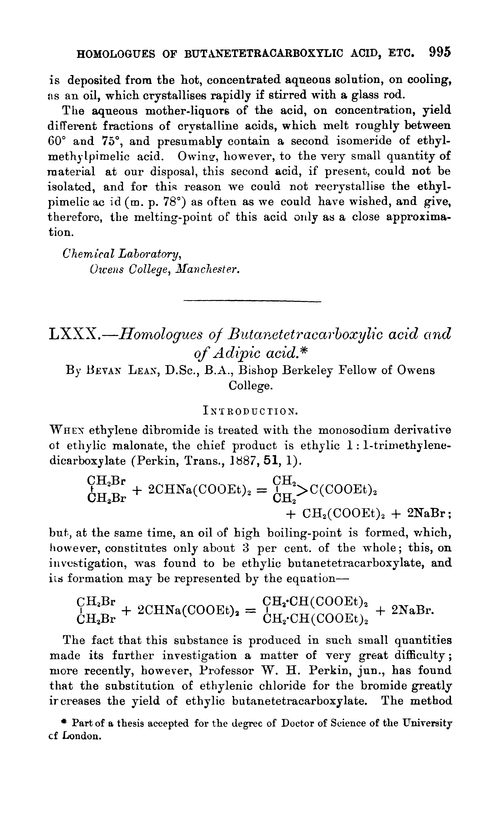 LXXX.—Homologues of butanetetracarboxylic acid and of adipic acid