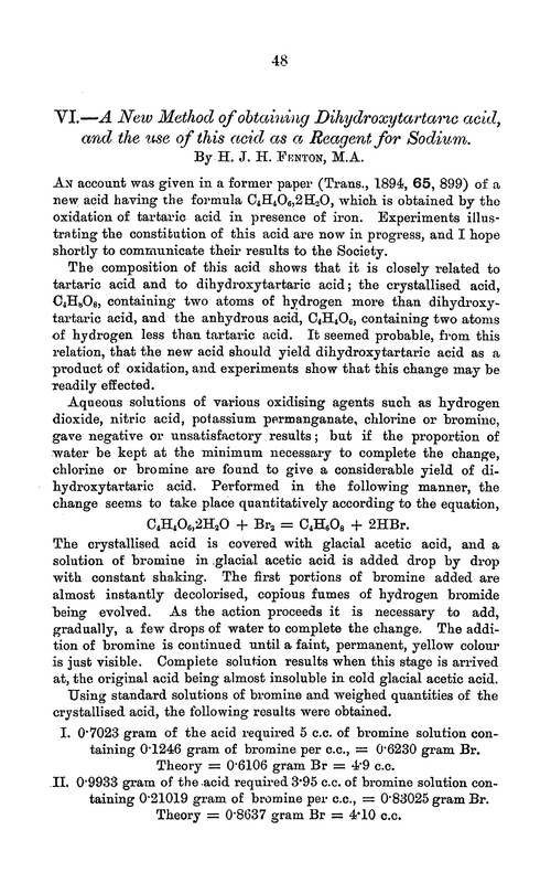 VI.—A new method of obtaining dihydroxytartaric acid, and the use of this acid as a reagent for sodium