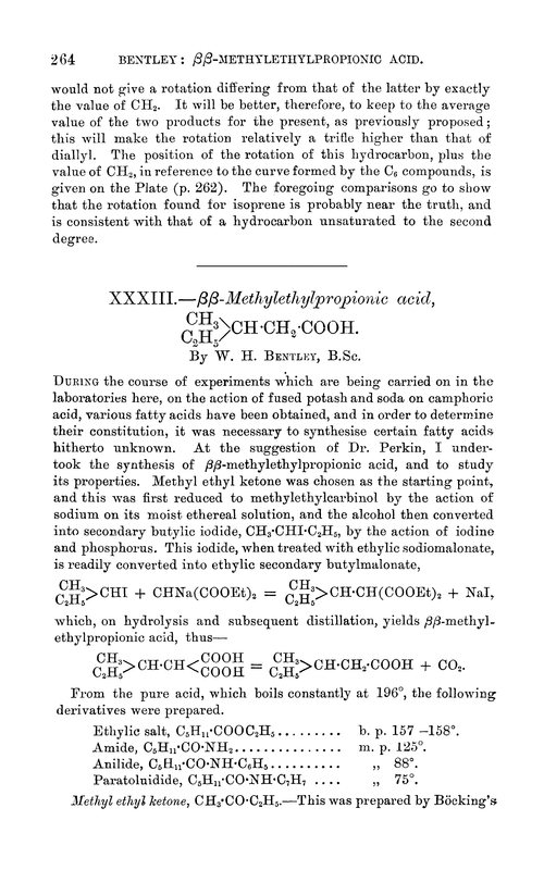 XXXIII.—ββ-Methylethylpropionic acid, [graphic omitted] [[double bond splayed left]] CH·CH2·COOH