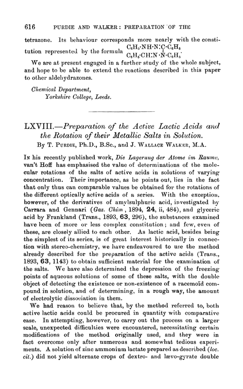 LXVIII.—Preparation of the active lactic acids and the rotation of their metallic salts in solution