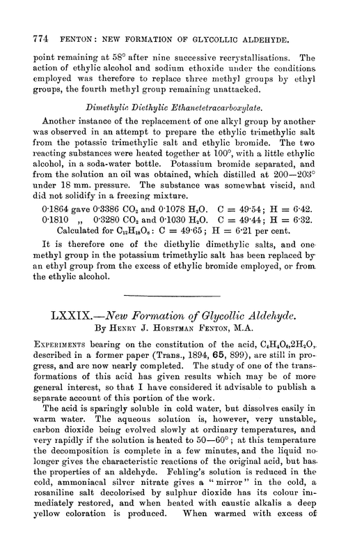 LXXIX.—New formation of glycollic aldehyde