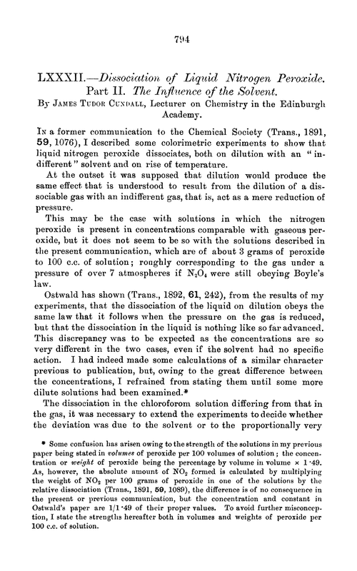 LXXXII.—Dissociation of liquid nitrogen peroxide. Part II. The influence of the solvent