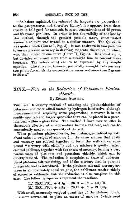 XCIX.—Note on the reduction of potassium platinochloride