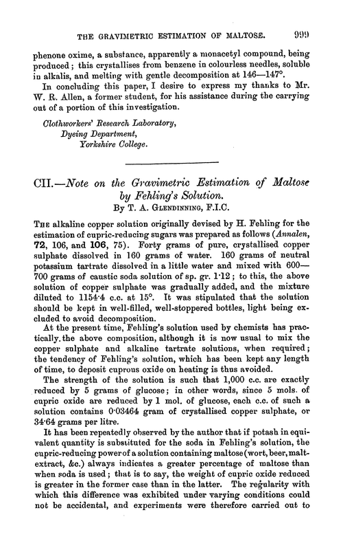 CII.—Note on the gravimetric estimation of maltose by Fehling's solution