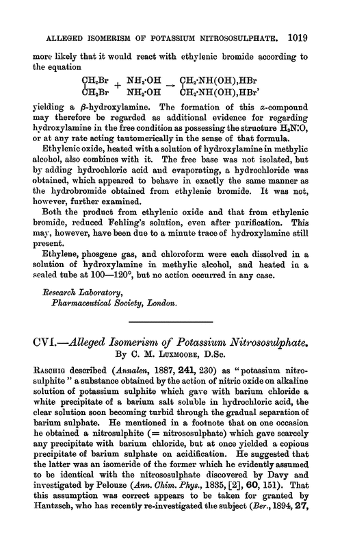 CVI.—Alleged isomerism of potassium nitrososulphate