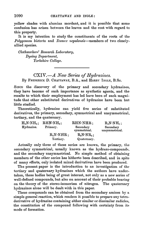 CXIV.—A new series of hydrazines
