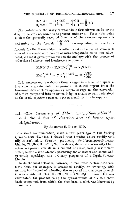 III.—The chemistry of dibromopropylthiocarbimide; and the action of bromine and of iodine upon allylthiourea
