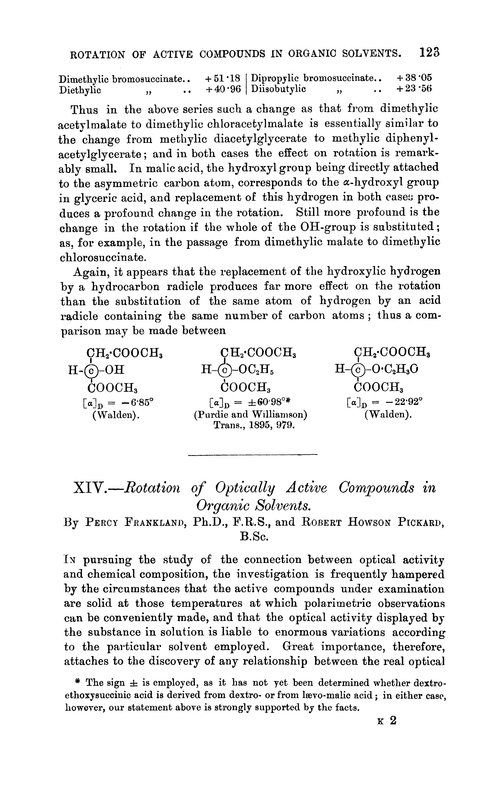 XIV.—Rotation of optically active compounds in organic solvents