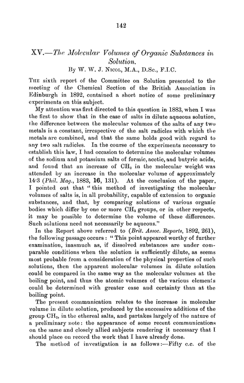 XV.—The molecular volumes of organic substances in solution