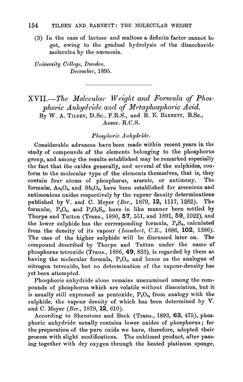 XVII.—The molecular weight and formula of phosphoric anhydride and of metaphosphoric acid