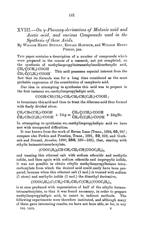 XVIII.—On γ-phenoxy-derivatives of malonic acid and acetic acid, and various compounds used in the synthesis of these acids