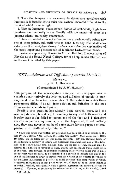 XXV.—Solution and diffusion of certain metals in mercury