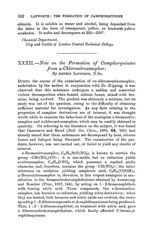 XXXII.—Note on the formation of camphorquinone from α-chloronitrocamphor