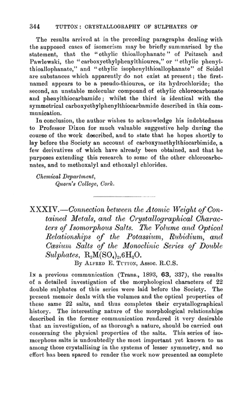 XXXIV.—Connection between the atomic weight of contained metals, and the crystallographical characters of isomorphous salts. The volume and optical relationships of the potassium, rubidium, and cæsium salts of the monoclinic series of double sulphates, R2M(SO4)2,6H2O